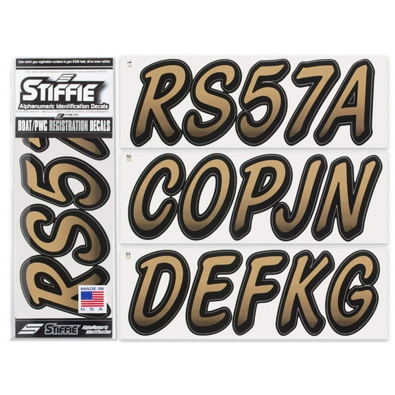 STIFFIE Whipline Reflective Gold / Black 3" Alpha-Numeric Identification Custom Kit Registration Numbers & Letters Marine Stickers Decals for Boats & Personal Watercraft PWC