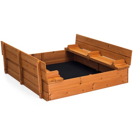 Best Choice Products 47x47in Kids Large Square Wooden Outdoor Play Cedar Sandbox w/ Sand Screen, 2 Foldable Bench Seats - (Sand Clear For Horses Best Price)