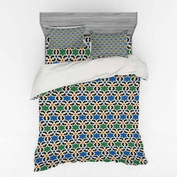 Ambesonne Moroccan Bedding Set 4 Pcs, Hexagon Stars Pattern, Queen, Green Blue Black