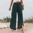 thumbnail image 3 of Linen Palazzo Pants for Women Spring Summer Smocked High Waist Wide Leg Asymmetric Ruffle Hem Flowy Beach Pants with Pockets, 3 of 6