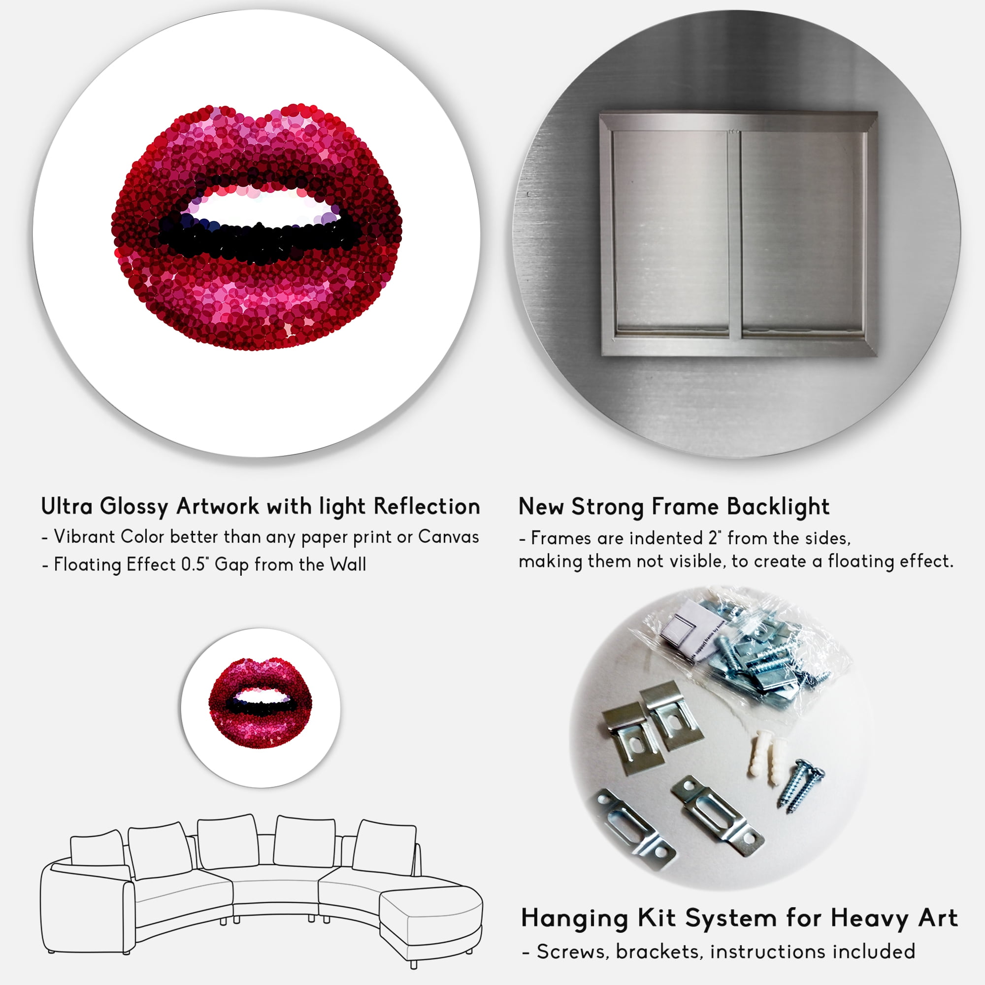 Designart 'Sexy Red Girl Lips' Modern Circle Metal Wall Art 11x11 - Disc of 11