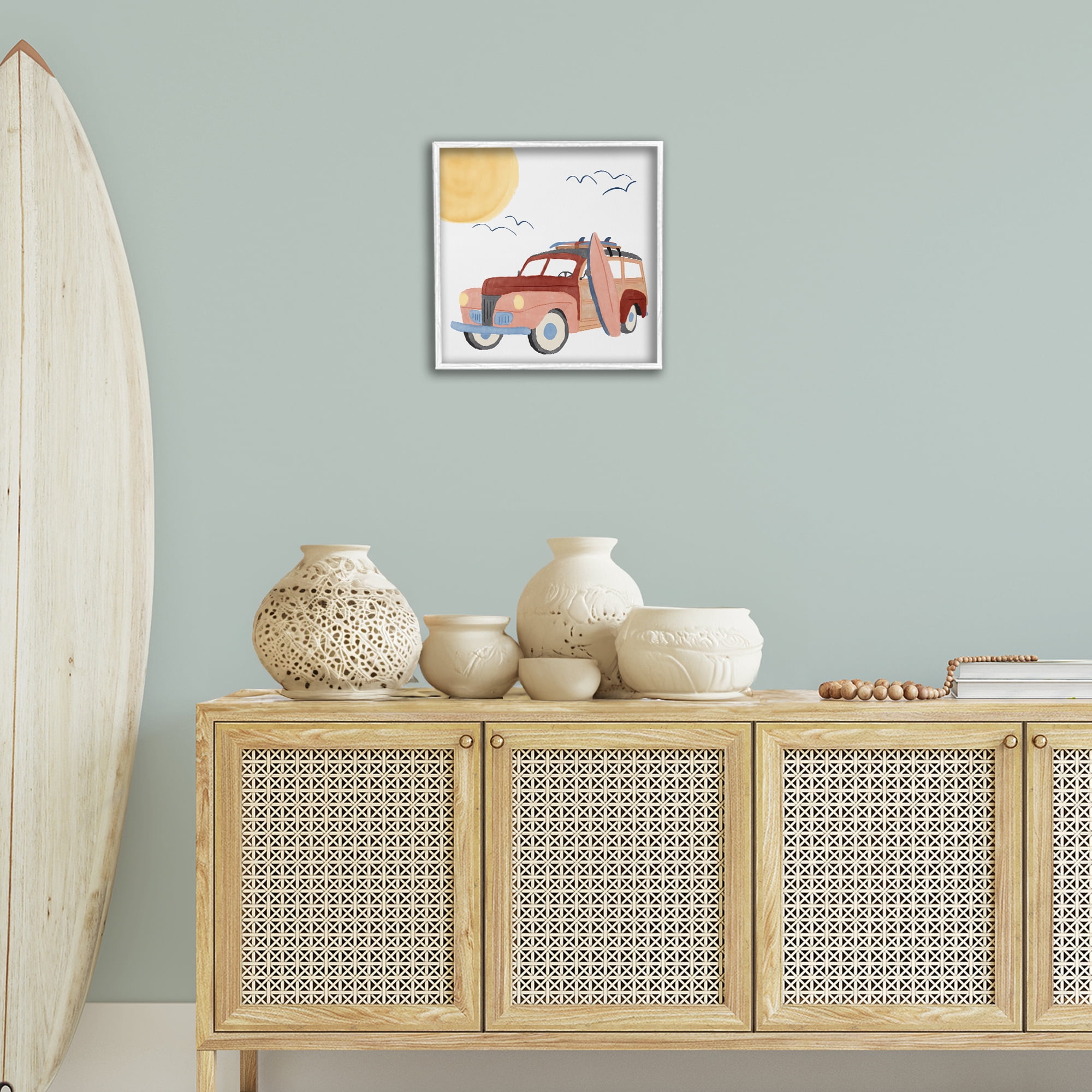 Stupell Industries Summer Surf Wagon Transportation Painting White Framed Art Print Wall Art, 17 x 17