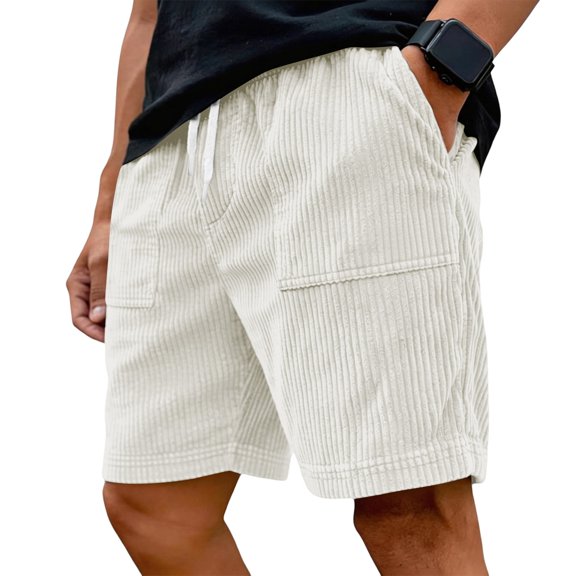 Corduroy Shorts for Mens Baggy High Waisted Casual Summer Drawstring Lightweight Beach Vacation Shorts with Pockets White 3XL