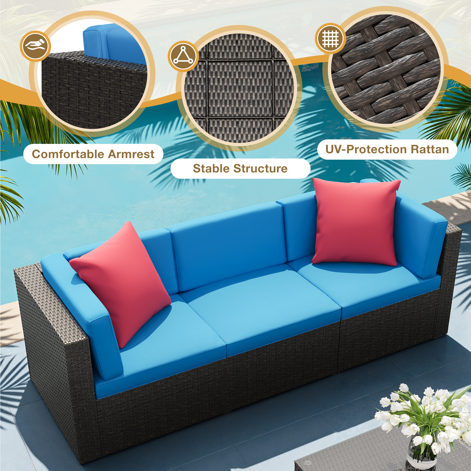 Lacoo 7 PCS Patio Outdoor Furniture Wicker Sectional Sofa with Cushion, Blue