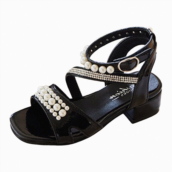 Ymyiu Girls Dress Sandals with Heel Girls Sandals Ankle Strap Low Heel Flower Dress Party Square Toe Shoes for Little Kid Big Kid Size 11 (Black,Little Kids 11)