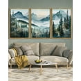 thumbnail image 3 of SHENIFY Large 24x36in3pcs Natural Framed Landscape Mountain Range Wall Art Set Watercolor Foggy Pine Tree Forest Nature Scenry Mist Wilderness Farmhouse Rustic Modern Decorative, 3 of 5