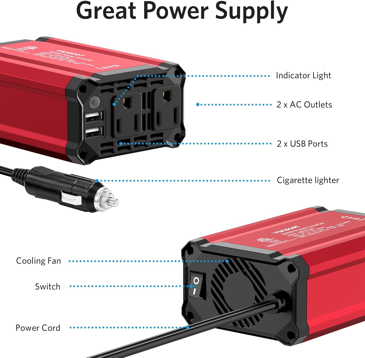 BESTEK 300W Car Power Inverter, DC 12V to 110V Car Inverter with 2 AC Outlets and 3.4A Dual USB Ports