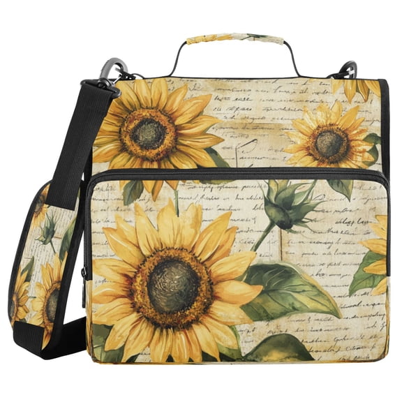 Water-Resistant 3-Ring Binder Organizer with Multiple Pockets Zipper Binder Bag for Office Vintage Sunflowers