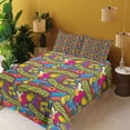 thumbnail image 2 of Ambesonne Hippie Emoji Fitted & Top Sheet Set with Shams, Funk Floral Groove Art, Magenta Apple Green, 2 of 5