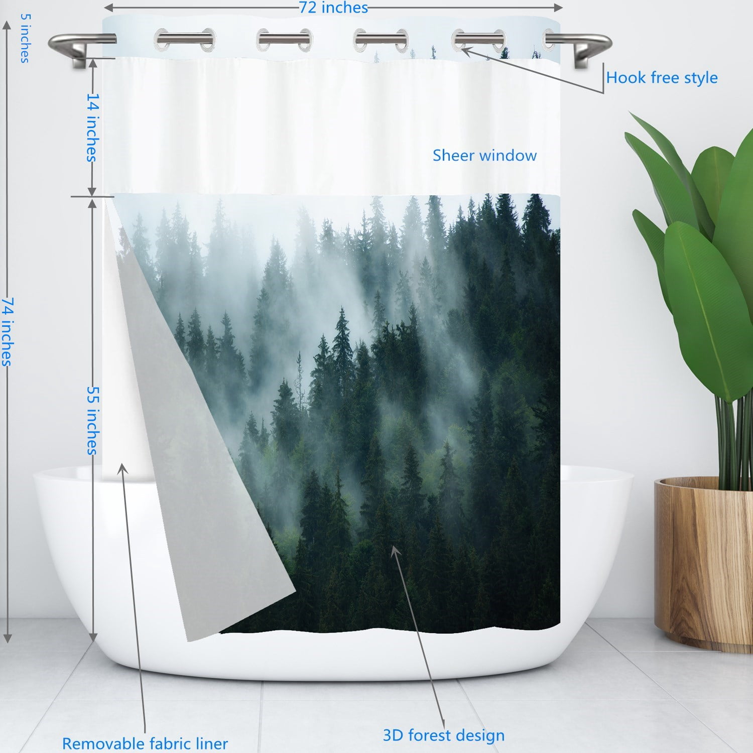 Goodbath No Hook Shower Curtain with Snap in Liner,Nature Landscapes Misty Forest Trees Fabrci Shower Curtains, Double Layer, Mesh Top Window,71 x74 inches,Green