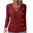 thumbnail image 3 of Women's V Neck Button Down Long Sleeve Tops Shirts Blouses Solid Color Casual Loose Fit Tunic for Work Office Business Casual Daily Wear Fashion Essential Gift for Women | HAODEJW,Wine XL, 3 of 9