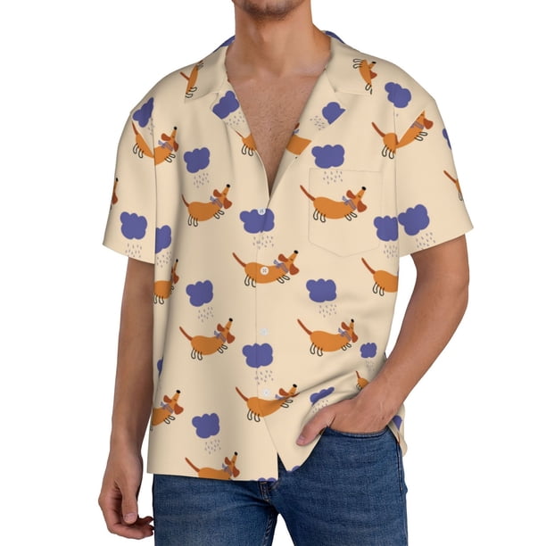 Balery Dachshund Camisa Casual de Manga Corta con Botones para Hombre, Texturizada, Estilo Cubano, para Playa, Verano-Medium