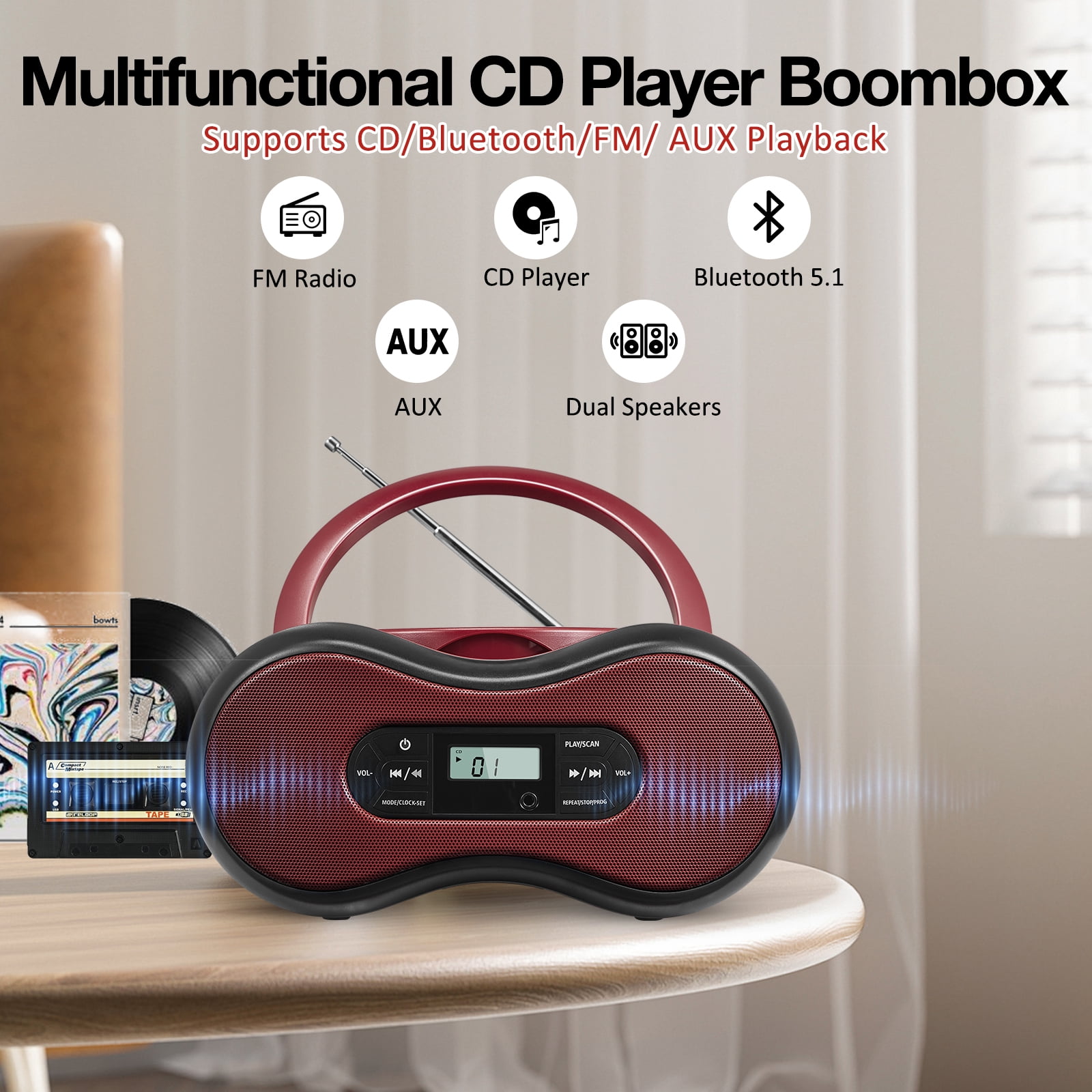 CD Player Boombox with Bluetooth,FM Radio,3.5mm Aux Input,Does Not Support Playing MP3 Format Discs