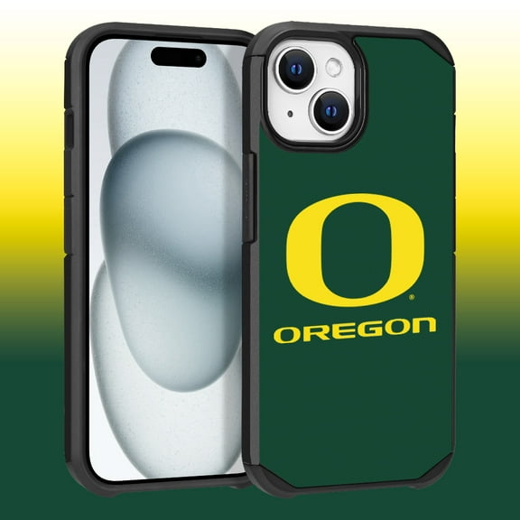 Apple iPhone 15 Plus (6.7) / Apple iPhone 14 Plus (6.7) - Licensed NCAA University of Oregon Ducks Logo on Green Textured Dual Layer Case