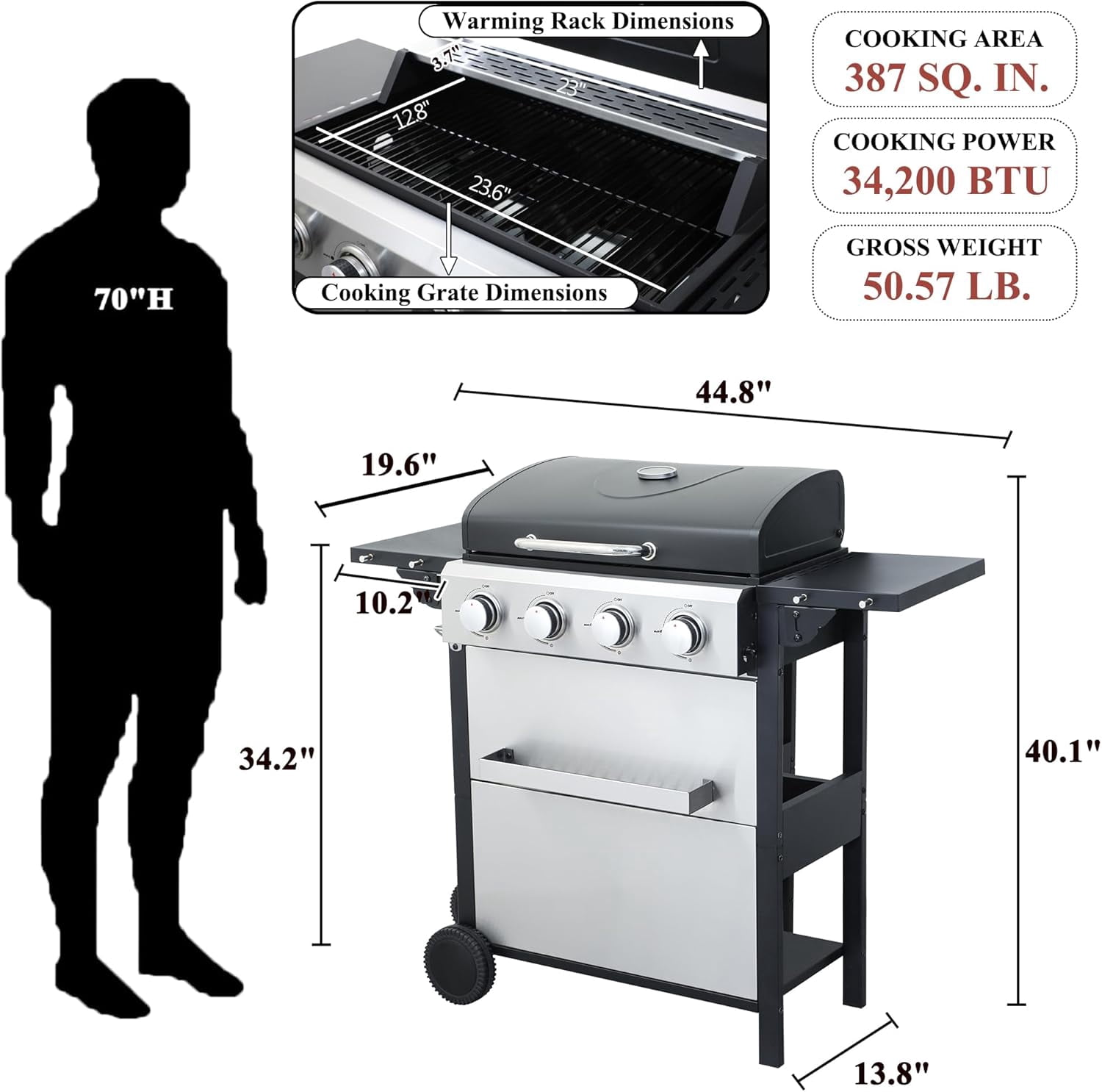YINGYING 3-Burner Propane Gas Grill,  36900TU Output Stainless Steel BBQ Grill with Wire Enamel Cooking Grids & Foldable Side Table for Outdoor Backyard Barbecue