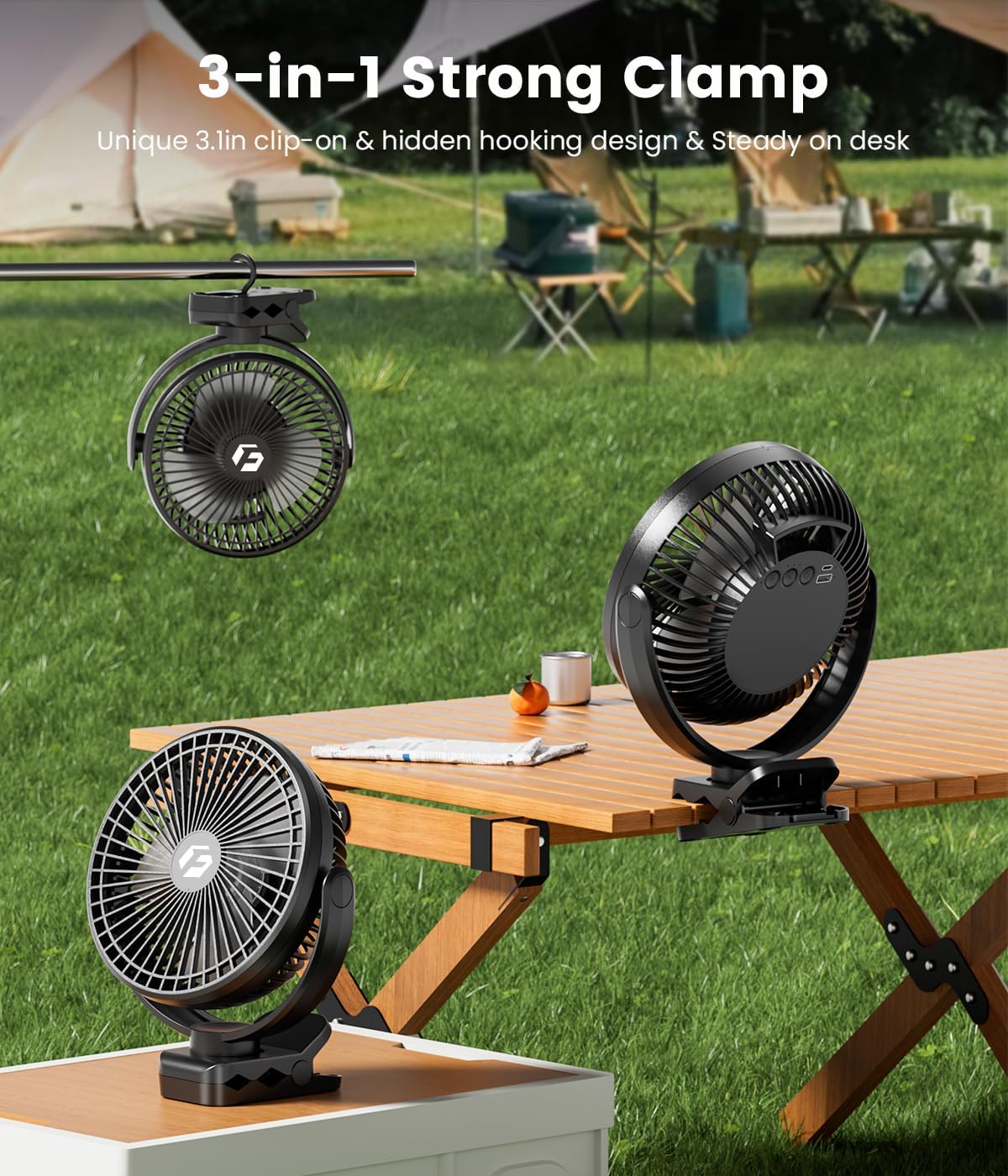 8-inch Portable Fan with 12000mAh Battery, 3 Speeds, Quiet Operation, USB Rechargeable for Office, Bedroom, Camping