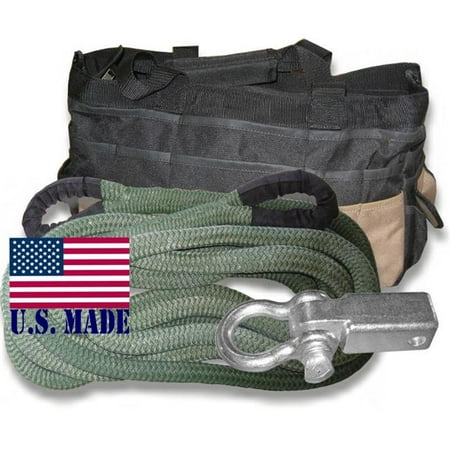 

U.S. made MILITARY GREEN Safe-T-Line- Kinetic Recovery (Snatch) ROPE - 1 inch X 30 ft with Receiver Shackle Bracket & HD Carry Bag (4X4 VEHICLE RECOVERY)