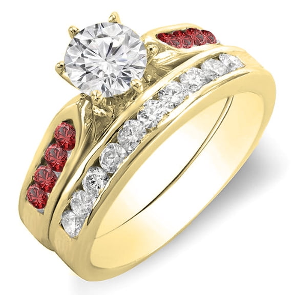 1.00 Carat (ctw) 10k Yellow Gold Round Red Ruby & White Diamond Ladies Bridal Engagement Ring Set With Matching Band 1 C