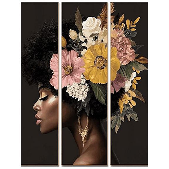 Black Woman Floral Canvas Wall Art，Suitable for Living Room Bedroom Bathroom Office and Kitchen Decoration