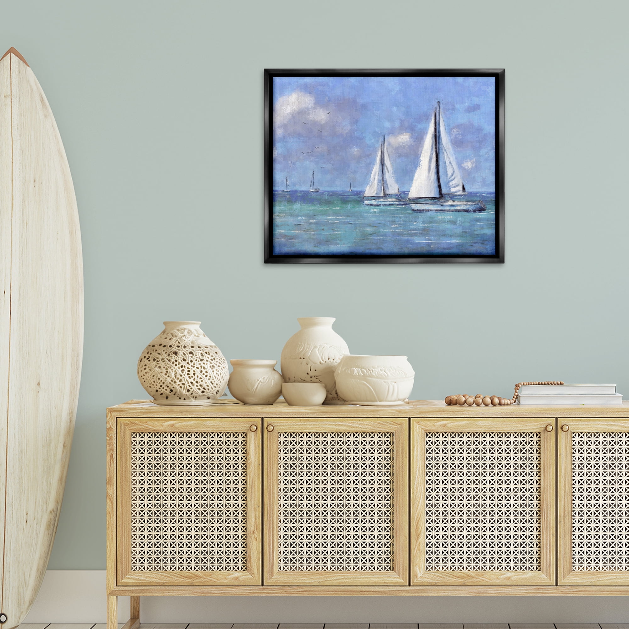 Stupell Industries Sailing Day Sailboats Landscape Painting Black Floater Framed Canvas Art Print Wall Art, 31 x 25