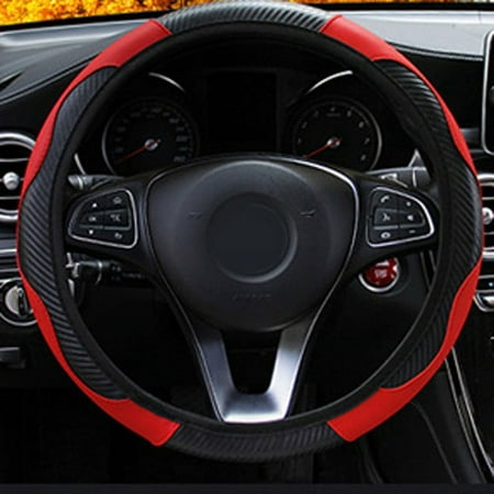 Carbon Fiber Leather Car Steering Wheel Cover Sports For 37-38CM Black & Red Elastic