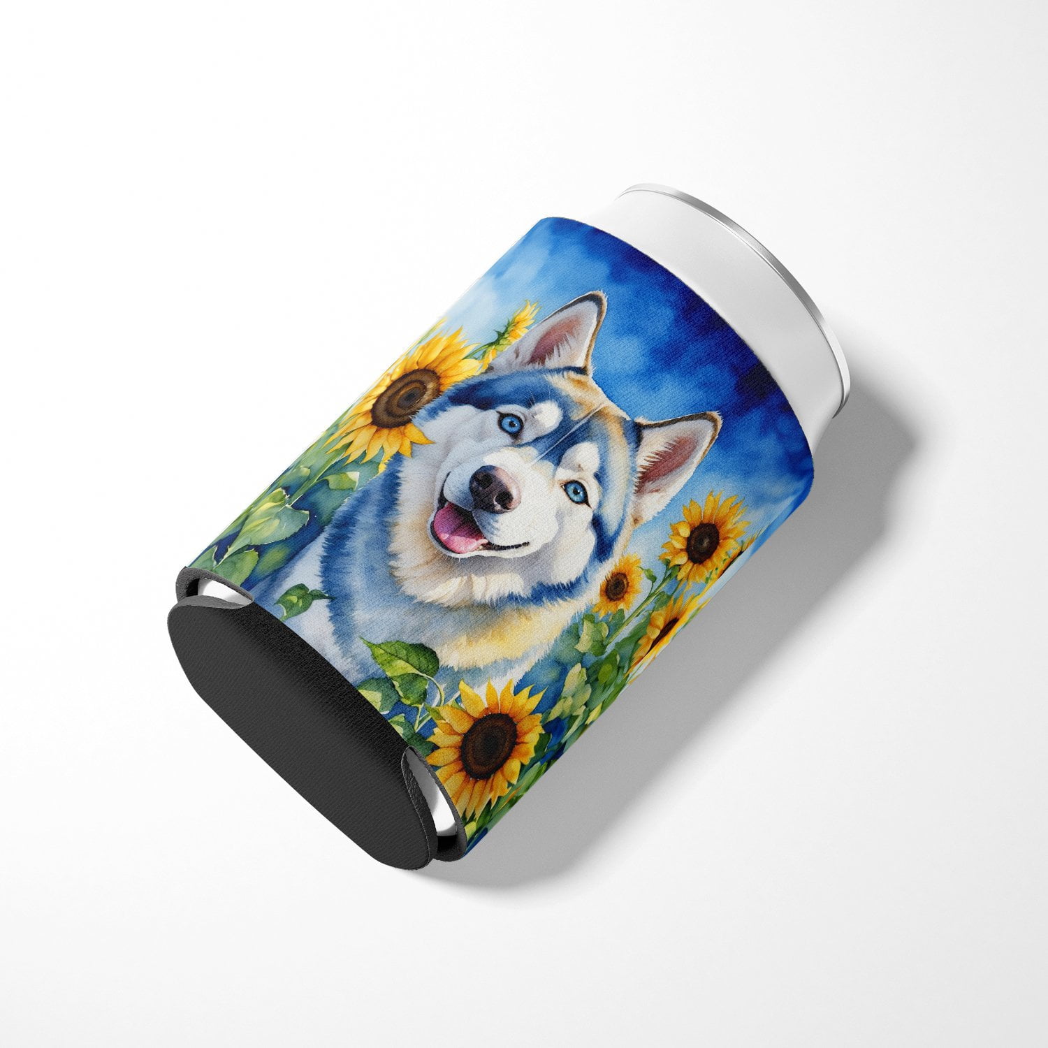 Siberian Husky in Sunflowers Can or Bottle Hugger 3 in x 5 in