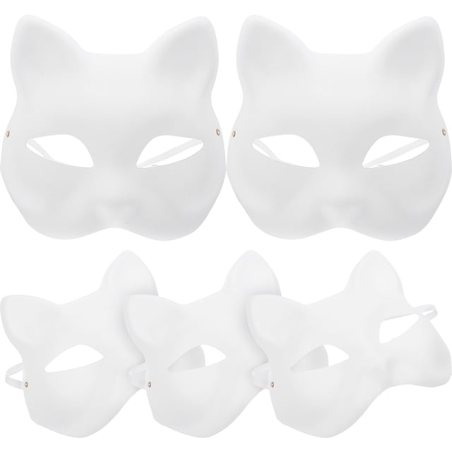 5 máscaras de gato sin terminar, pintadas a mano, para mascaradas, de papel en blanco.