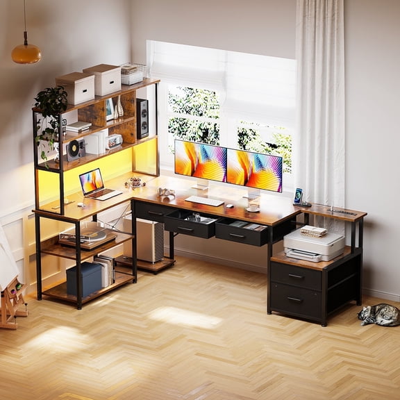 71 inch L Shaped Desk with File Drawers, Reversible L Shaped Gaming Desk with Power Outlets & LED Lights, Computer Desk with Storage Shelves for Home Office, Vintage