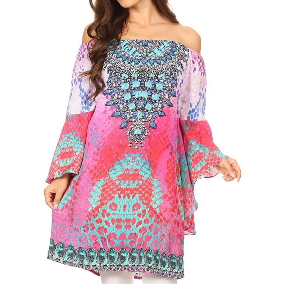 Sakkas Inna Colorful Shift Dress Tunic with Bell Ruffled Sleeves & Rhinestones - SM104-Multi - One Size