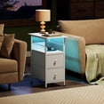 thumbnail image 2 of CZMDZH Narrow Side Table with Charging Station, End Table with LED Light, 2 Fabric Drawers and Open Shelf, White, 2 of 12