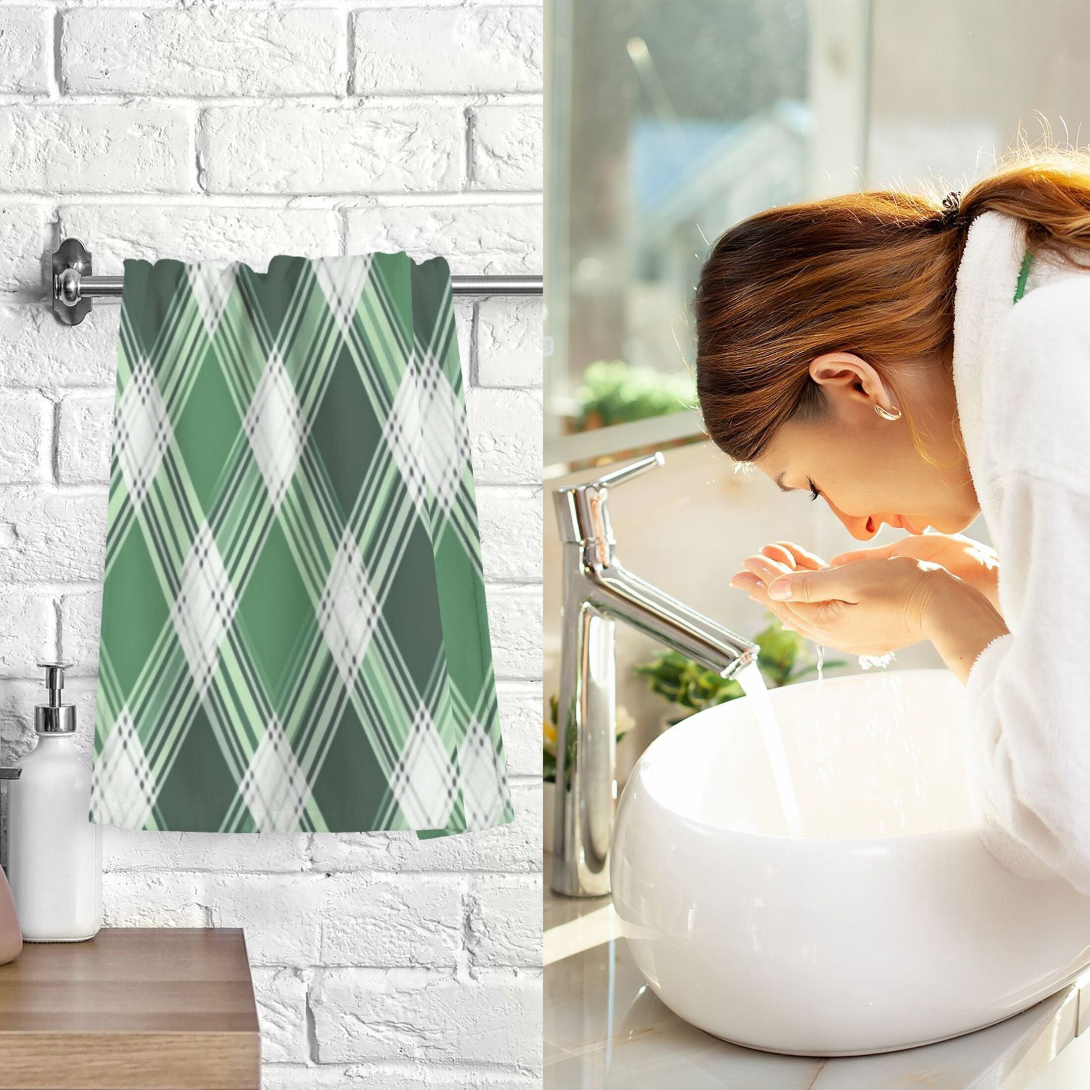 2 Pcs Absorbent Face Towel Bath Hand Towels Soft Breathable Cotton Towel Set for Bathroom Kitchen Hotel Spa Decor Green Plaid