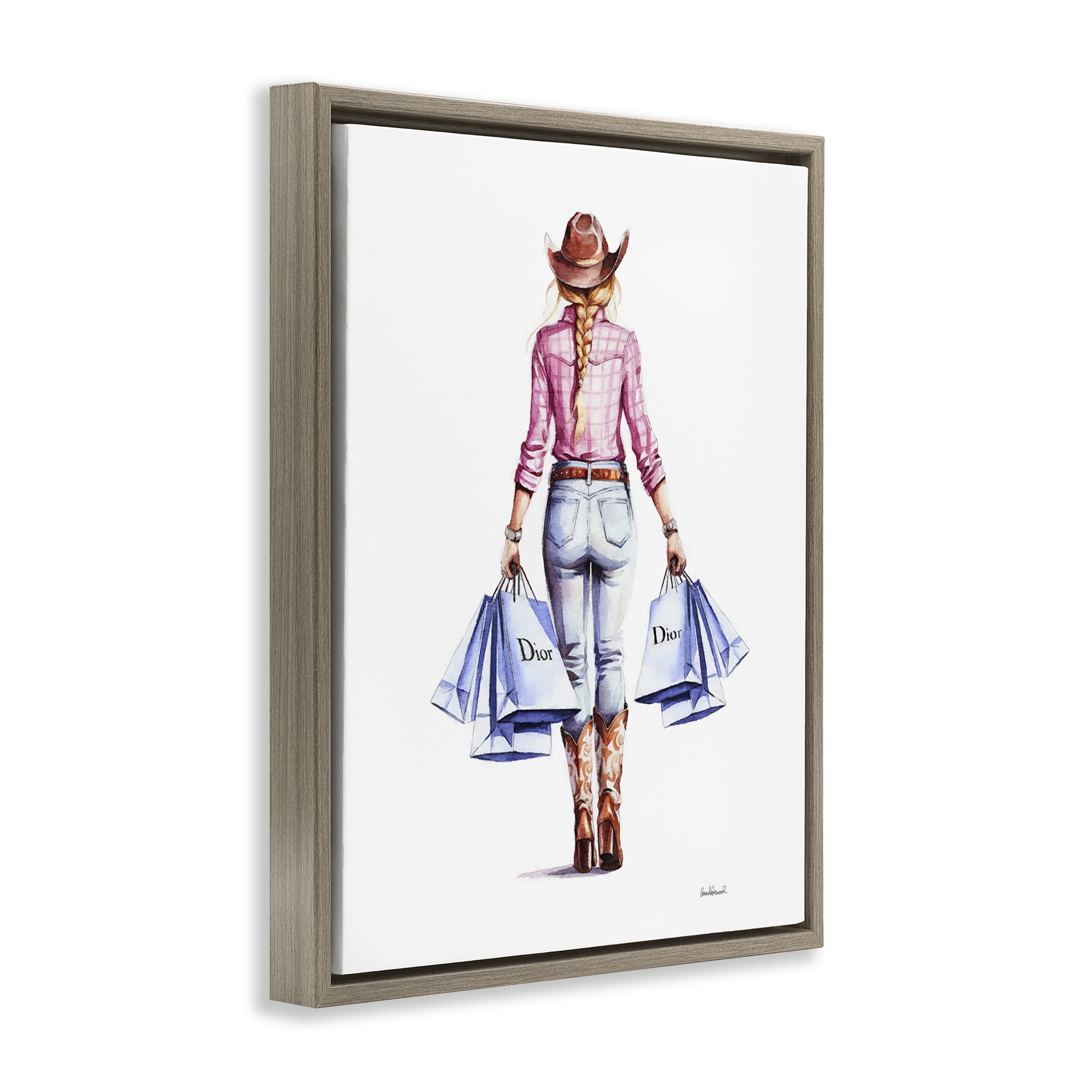 Stupell Industries Glam Cowgirl Pink Plaid People Painting Brown Floater Framed Canvas Art Print Wall Art, 25 x 31