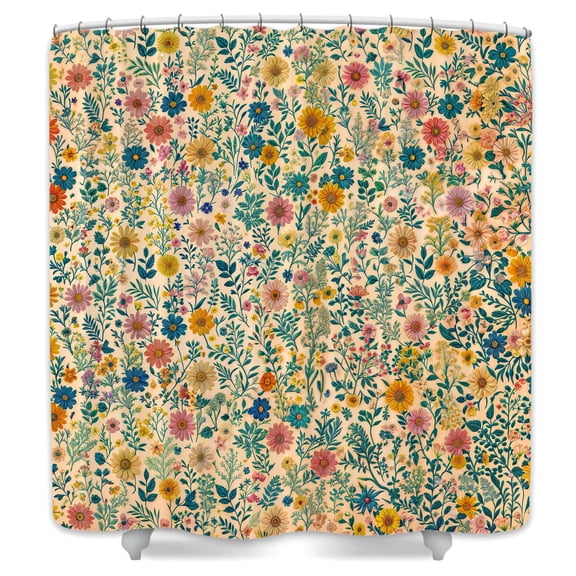 Country Wildflower Shower Curtain,Boho Colorful Floral Leaf Plant Bath Curtain,Mid-Century Retro Bathroom Spring Waterproof Fabric Decor with Hooks,69X70 IN
