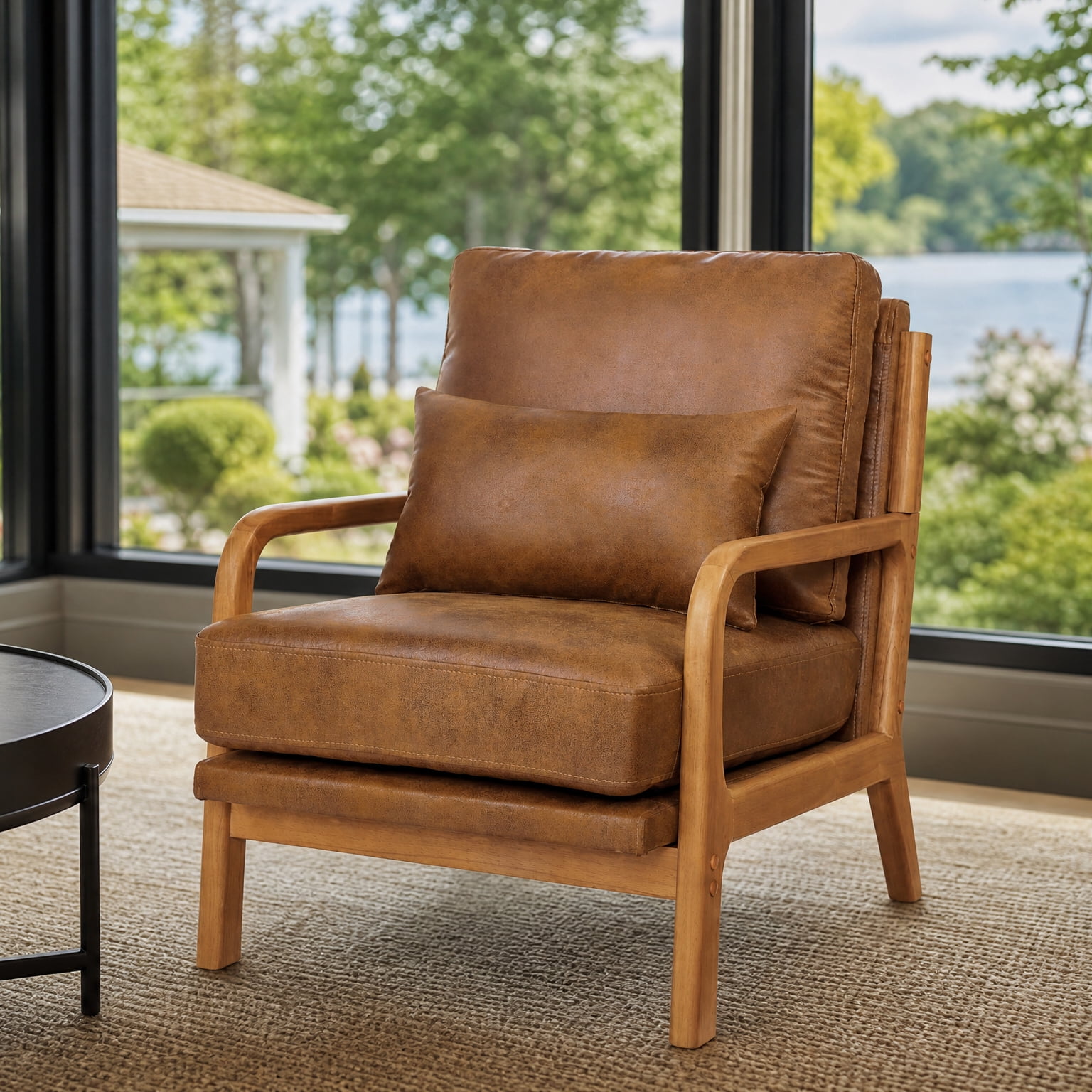 Foam Fabric Accent Chair with Solid Wood Armrests Ergonomic Design for Living Room Bedroom Office