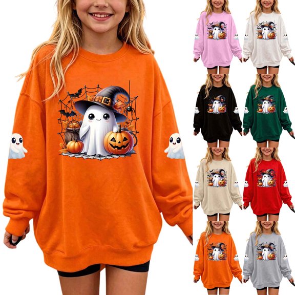 YUANxueke Boys & Girls Oversized Sweatshirts, Long Sleeve Cute Ghost Pumkin Print Shirts, Casual Crewneck Pullover Tops
