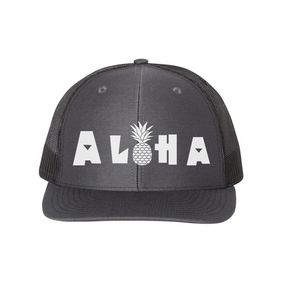 Aloha Hat, Aloha Pineapple, Pineapple Hat, Hawaiian Hat, Pineapple Snapback, Trucker Hat, Vacation Hat, 10 Different Colors, White Text, Charcoal/Black