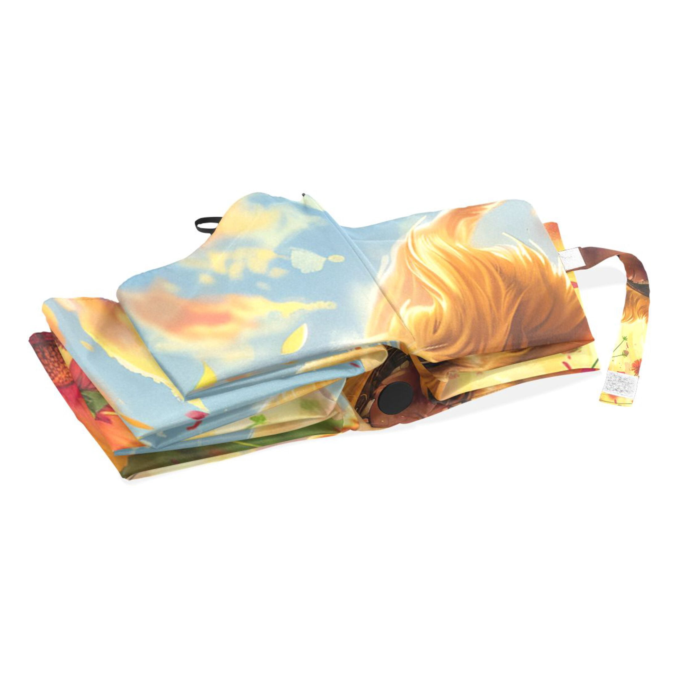 YAZAOO One-Touch Auto Open Close Rain Umbrella With Creative Golden Sunshine Running Free Pattern