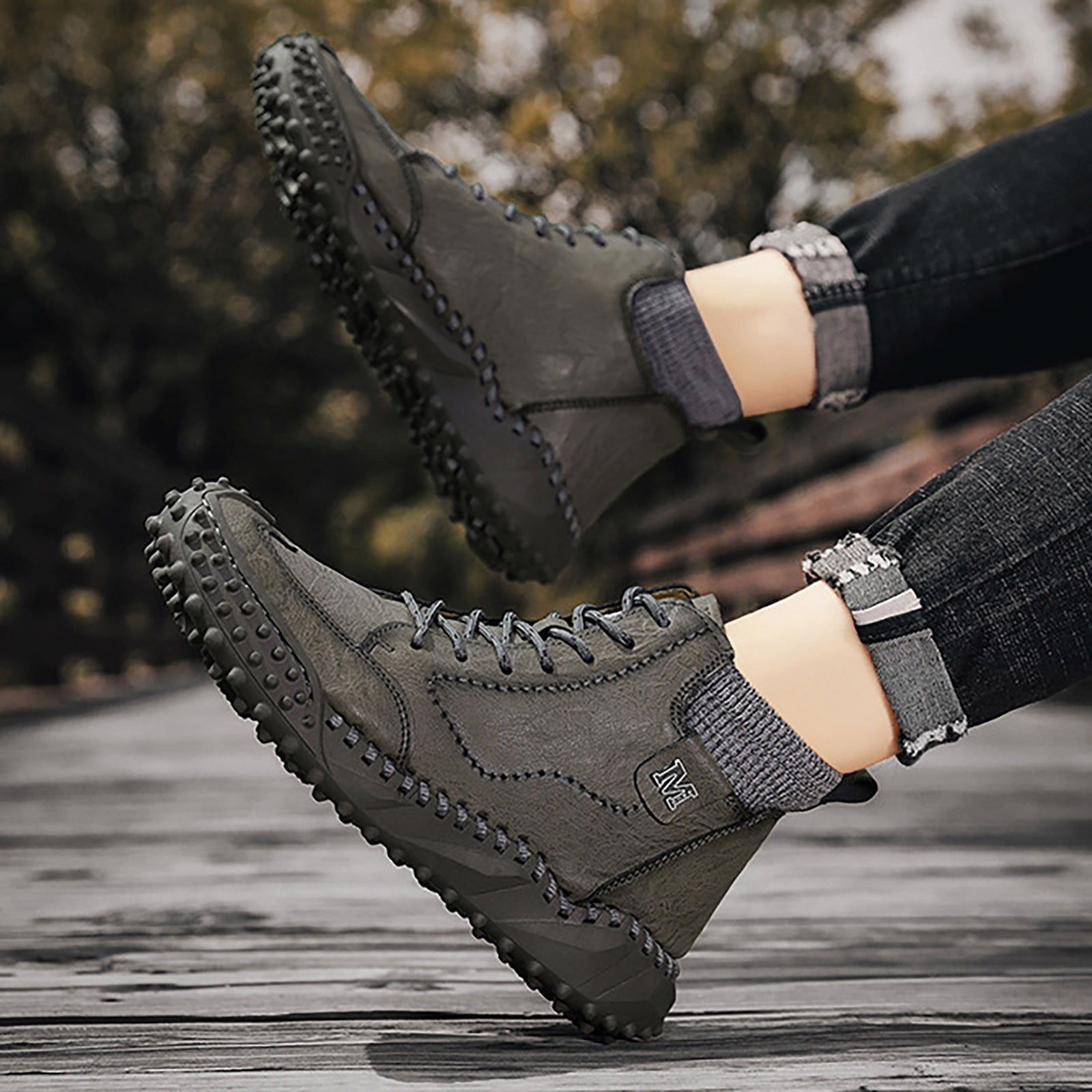Bmisegm Rubber Boots Men Winter New Men Single Inner Layer Casual Boots Thick Sole High Top Leather Boots Sock Mouth Men Ankle Boots Work Boots for