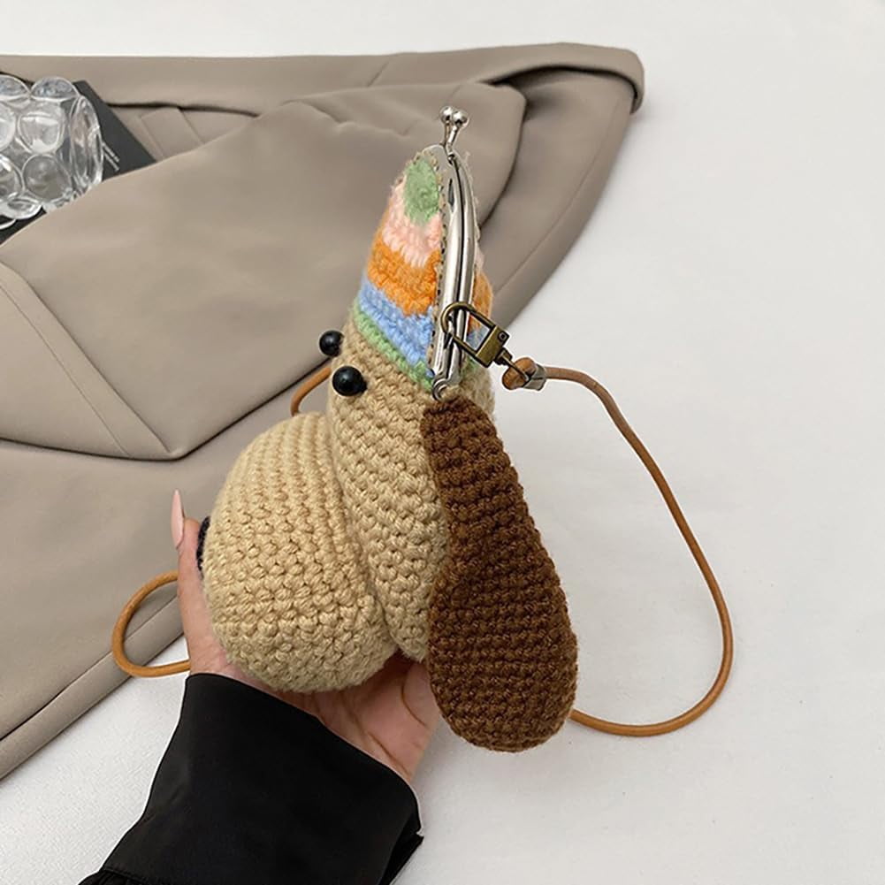 Baguery Handmade Crochet Dog Crossbody Bag - Cute Cartoon Knitted Purse with Metal Frame, Mini Animal Shoulder Bag for Women​
