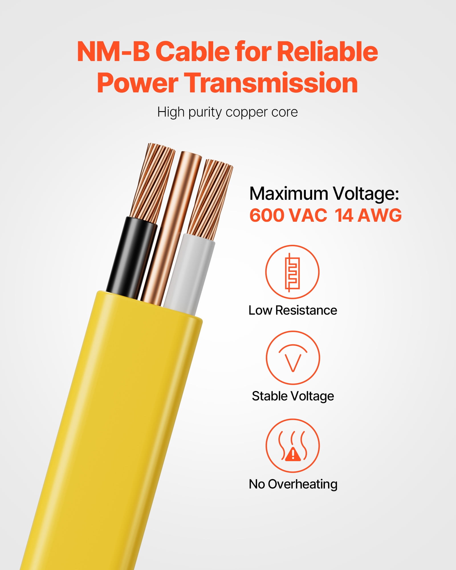 VEVOR NM-B Wire, 14AWG/2C Non-Mettalic Residential Indoor Electrical Wire with Ground, PVC Sheathed High-Purity Copper Core Cable, for Outlets, Switches, Other Loads & Lighting Wiring Project