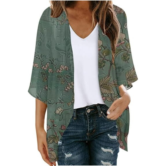 Hvyesh Women's Lightweight Open Front Cardigans Casual Summer 3/4 Sleeve Boho Cover Up Flowy Floral Print Kimono Tops