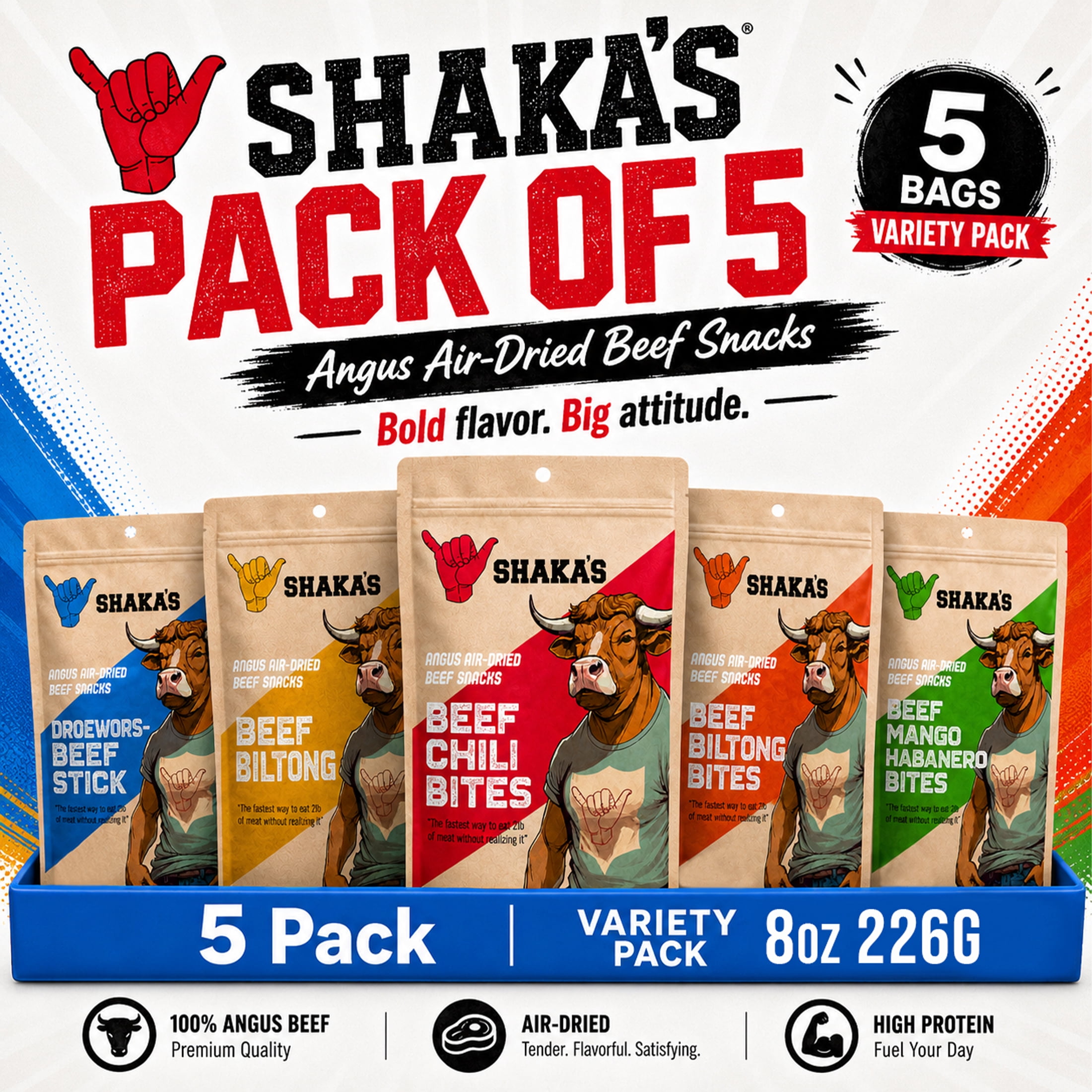 SHAKA'S Angus Air-Dried Beef Snacks Biltong 8 0z - Bundle