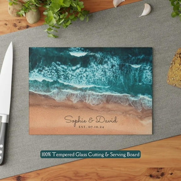 Beautiful Personalized Teal Ocean Beach-Design Glass Cutting Board Wedding Gift Housewarming Serving Tray Beach Kitchen Ocean Cheese Board