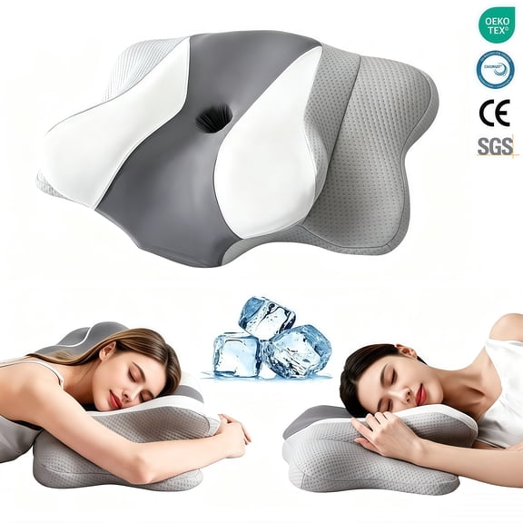 GEEKLiYun Ergo Pillow for Sleep Apnea, Neck Pain, and Snoring Relief | Cervical Neck Pillow for Neck Pain Relief & Side Sleeper | Orthopedic Memory Foam with Ergonomic Neck Support,White Dark Gray