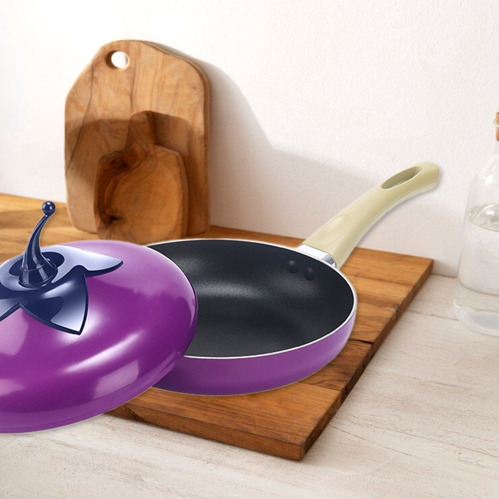 Jiibva 1Pc Purple Eggplant Shape Non Stick Skillet Frying Pan with Lid for Home Induction Cooker