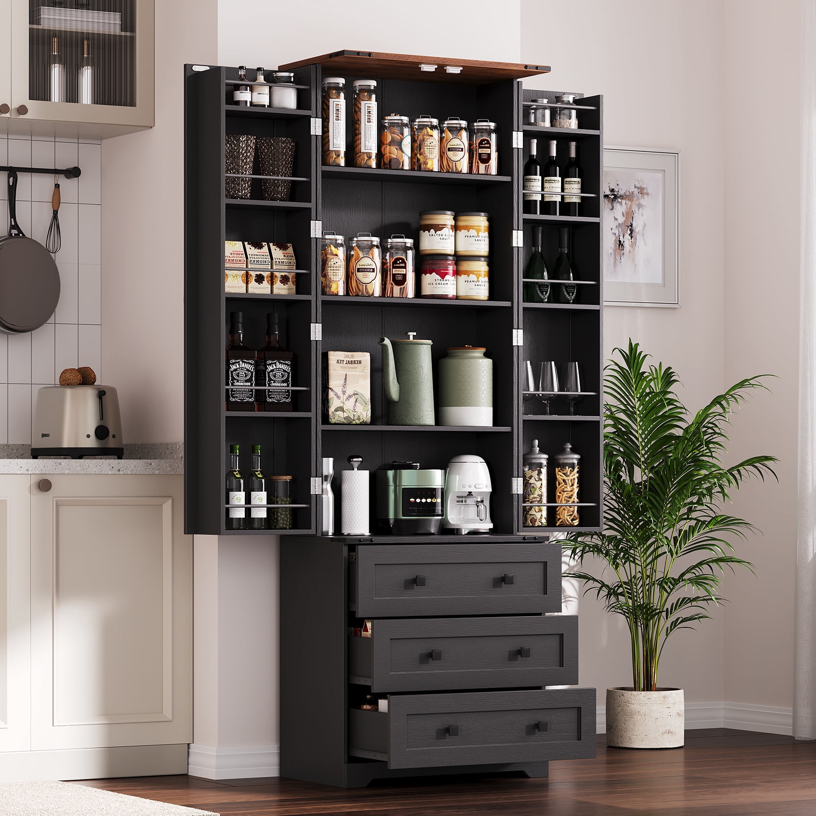 72" Tall Kitchen Pantry Cabinet with 3 Drawers&2 Barn Doors, Farmhouse  Storage Cabinet with Adjustable Shelves for Kitchen, Dining Room and Living Room
