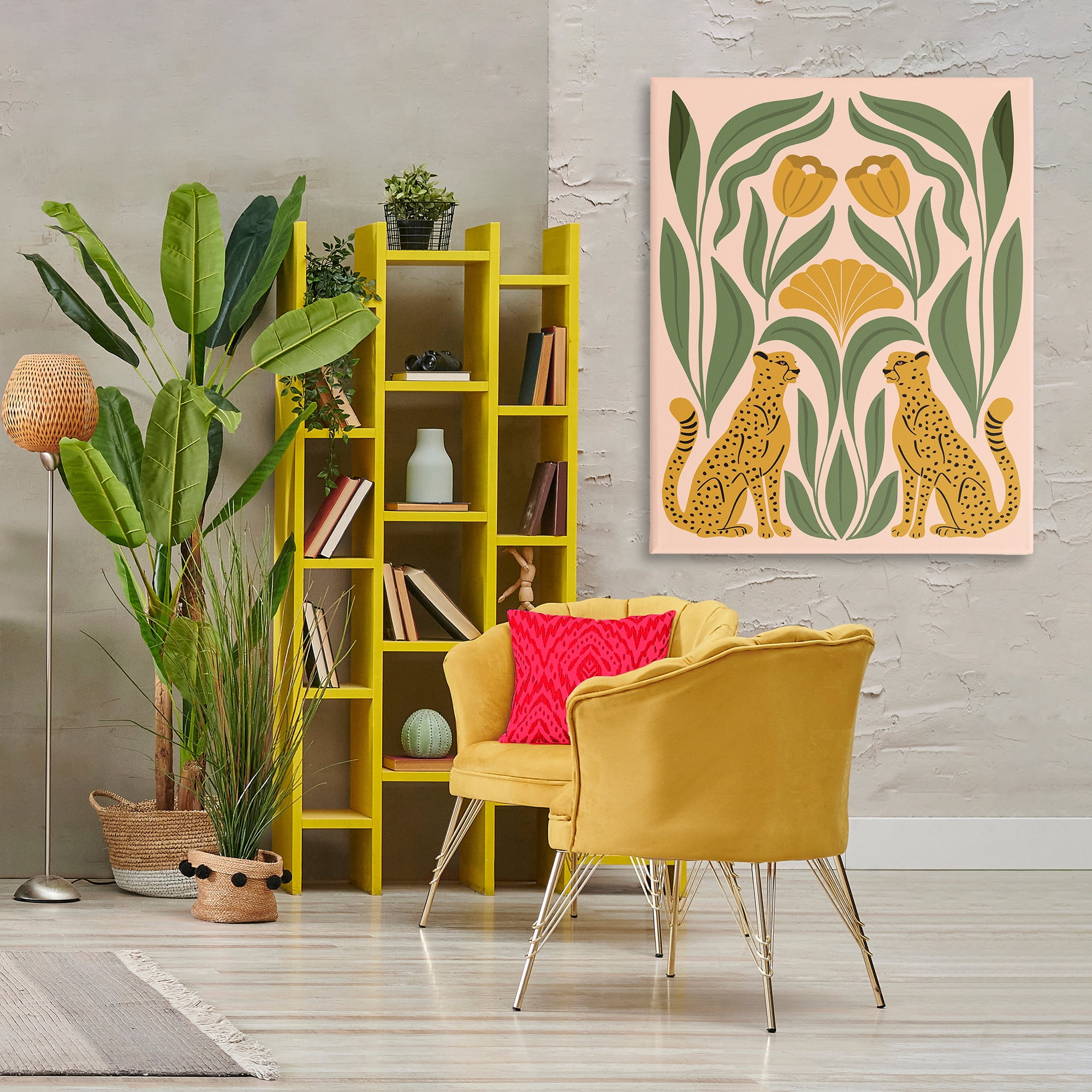 Stupell Industries Boho Chic Mirrored Leopards Plants & Flowers Painting Wrapped Canvas Art Print Wall Art, 36 x 48