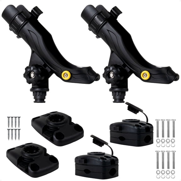 Five Oceans 2-Pack Fishing Rod Holder Set, Small, Black, High-Impact Nylon, Hook Keeper& Locking Collar, with 2 Deck & 2 Rail Mount Bases for Versatile Mounting - FO4748-4746-M2