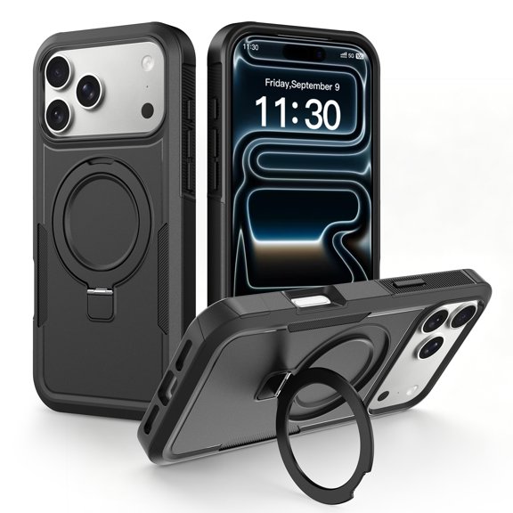 Luxury Case for iPhone 15 Plus, Thin Magnetic Rotating Ring Holder Stand Anti-Slip Frame Design Hybrid TPU PC Drop Protective Shockproof Slim Phone Cover for iPhone 15 Plus, Black