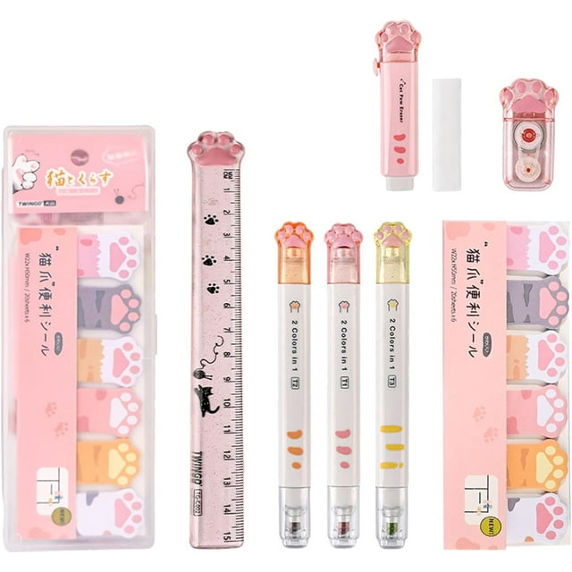 XYCCA 9 Pcs Ensemble de Papeterie Patte de Chat Mignon, Kit de Papeterie Kawaii Fournitures Scolaires Incluant Gomme Ruban Correcteur Surligneurs Notes Adhésives Règle Boîte à Crayons Fournitures Scolaires et de Bureau (Rouge)-5327